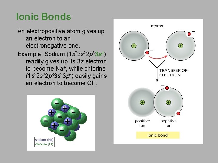 Ionic Bonds An electropositive atom gives up an electron to an electronegative one. Example: