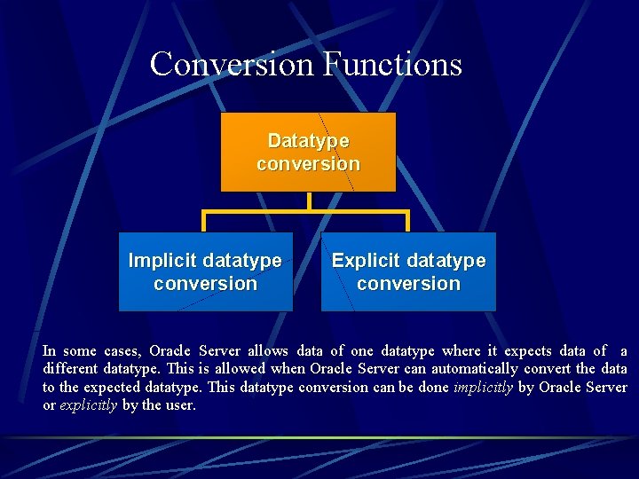 Conversion Functions Datatype conversion Implicit datatype conversion Explicit datatype conversion In some cases, Oracle
