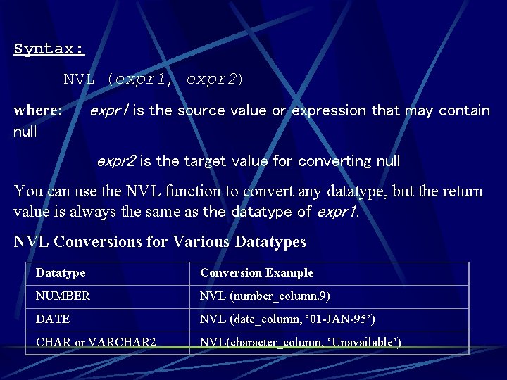 Syntax: NVL (expr 1, expr 2) where: null expr 1 is the source value