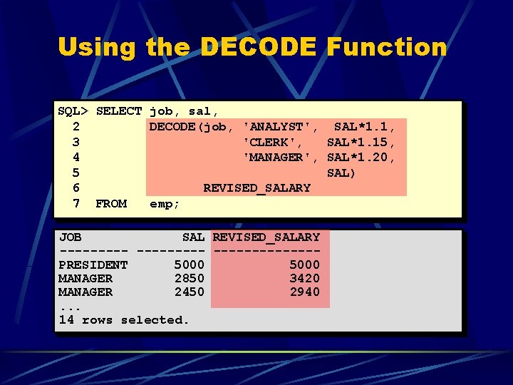 Using the DECODE Function SQL> SELECT job, sal, 2 DECODE(job, 'ANALYST', SAL*1. 1, 3