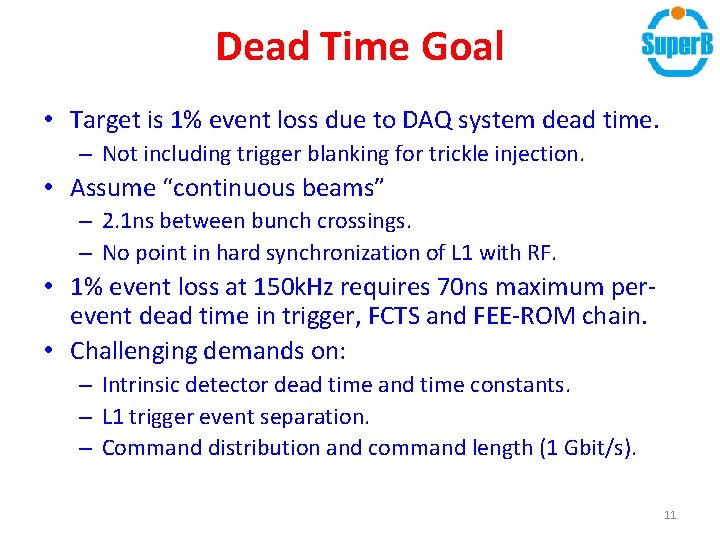 Dead Time Goal • Target is 1% event loss due to DAQ system dead Dead Time Goal • Target is 1% event loss due to DAQ system dead