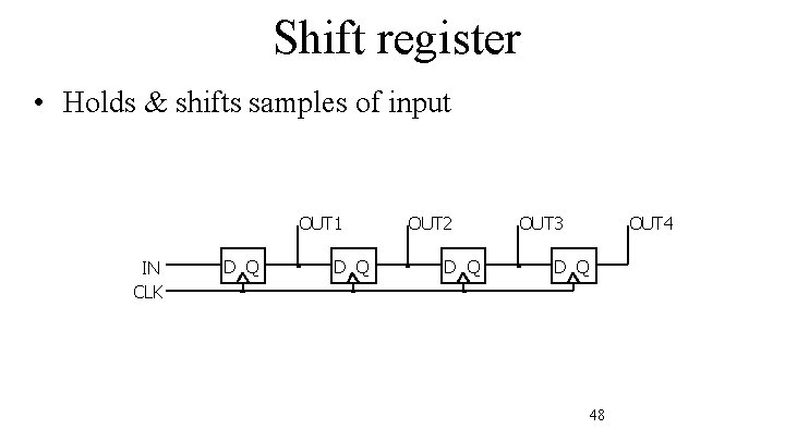 Shift register • Holds & shifts samples of input OUT 1 IN CLK D