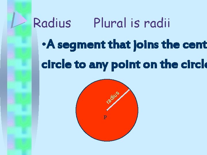 Radius Plural is radii • A segment that joins the cente circle to any
