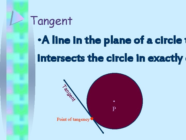 Tangent • A line in the plane of a circle t intersects the circle