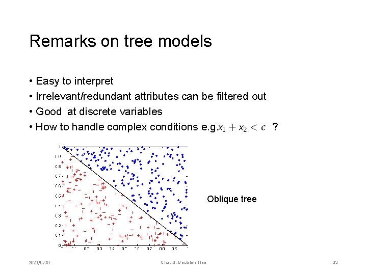 Remarks on tree models • Easy to interpret • Irrelevant/redundant attributes can be filtered