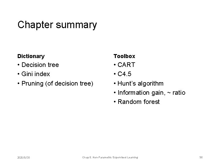 Chapter summary Dictionary Toolbox • Decision tree • Gini index • Pruning (of decision