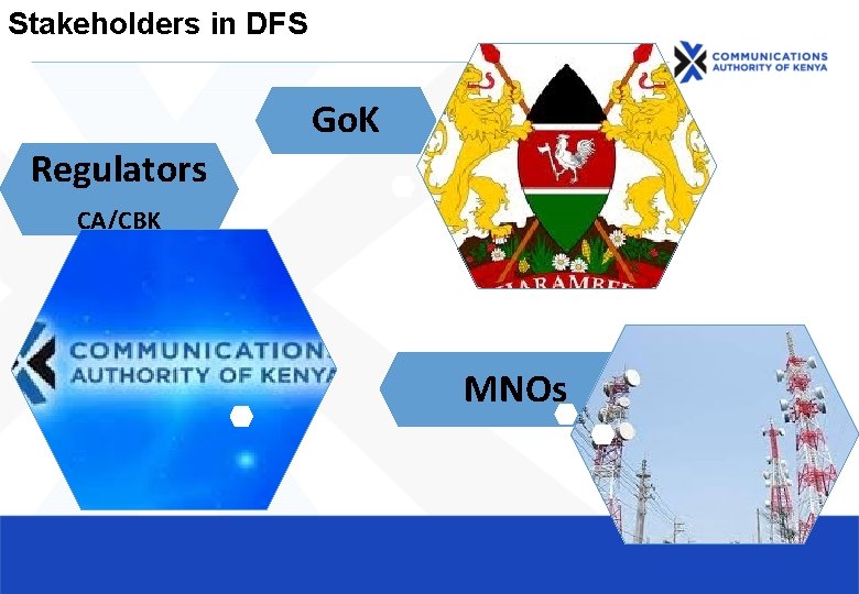 Stakeholders in DFS Go. K Regulators CA/CBK MNOs Stakeholders in DFS Go. K Regulators CA/CBK MNOs