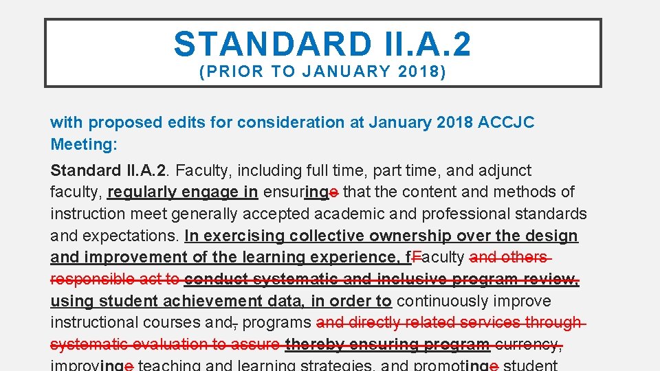 STANDARD II. A. 2 (PRIOR TO JANUARY 2018) with proposed edits for consideration at