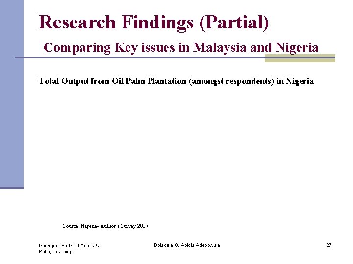 Research Findings (Partial) Comparing Key issues in Malaysia and Nigeria Total Output from Oil Research Findings (Partial) Comparing Key issues in Malaysia and Nigeria Total Output from Oil