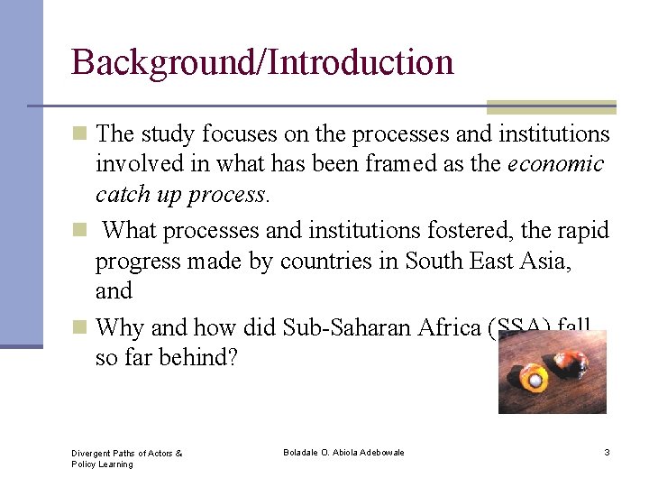 Background/Introduction n The study focuses on the processes and institutions involved in what has