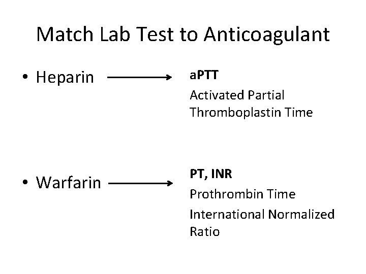 Match Lab Test to Anticoagulant • Heparin a. PTT Activated Partial Thromboplastin Time •
