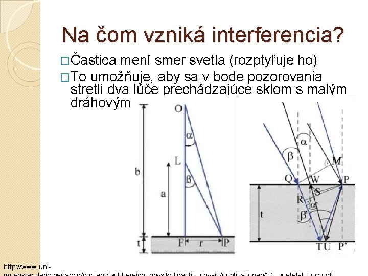 Na čom vzniká interferencia? �Častica mení smer svetla (rozptyľuje ho) �To umožňuje, aby sa