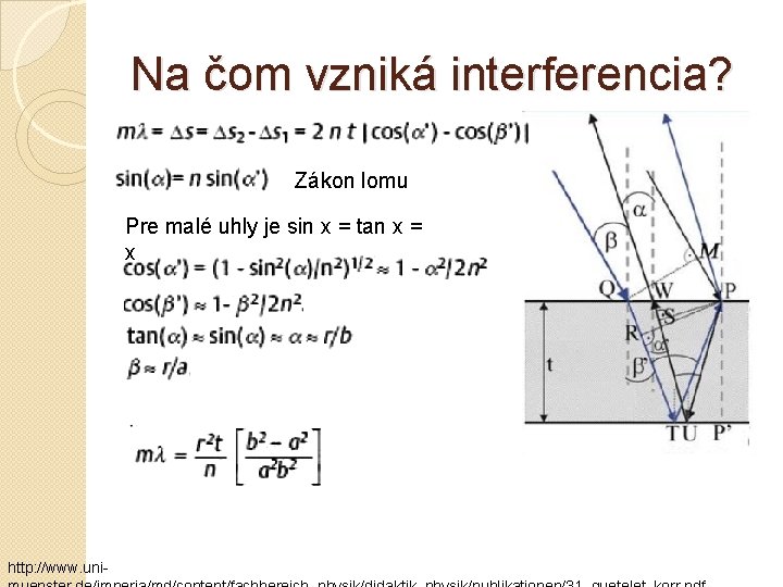 Na čom vzniká interferencia? Zákon lomu Pre malé uhly je sin x = tan