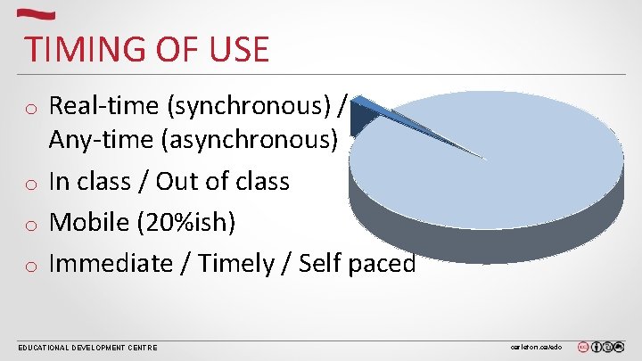 TIMING OF USE Real-time (synchronous) / Any-time (asynchronous) o In class / Out of