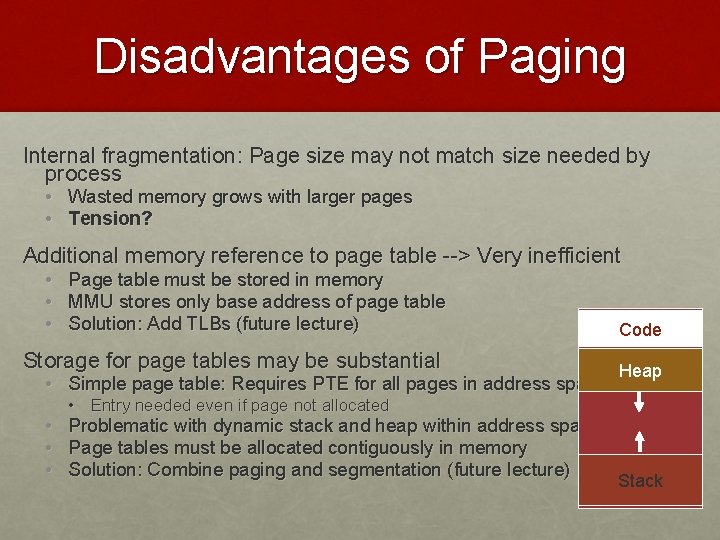 Disadvantages of Paging Internal fragmentation: Page size may not match size needed by process