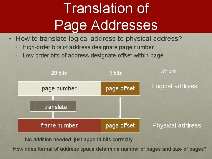 Translation of Page Addresses • How to translate logical address to physical address? •