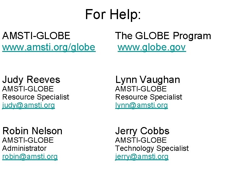 For Help: AMSTI-GLOBE www. amsti. org/globe The GLOBE Program www. globe. gov Judy Reeves