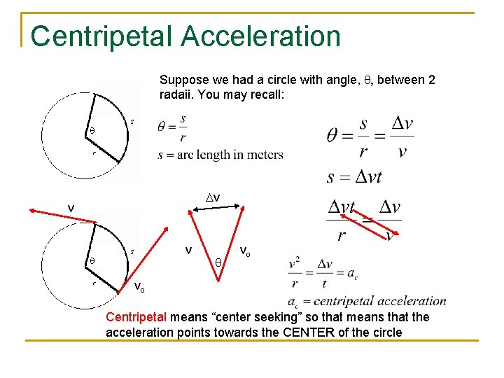 Centripetal Acceleration Suppose we had a circle with angle, q, between 2 radaii. You