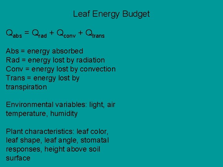 Leaf Energy Budget Qabs = Qrad + Qconv + Qtrans Abs = energy absorbed