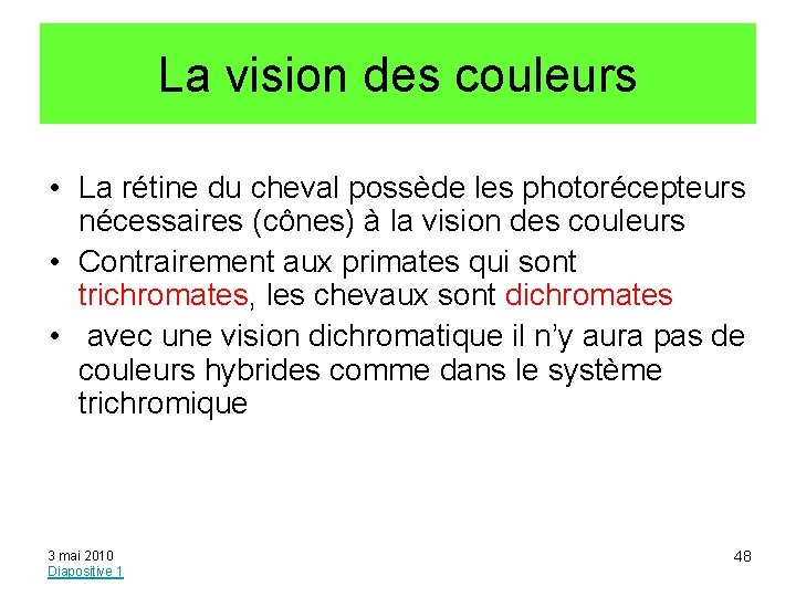 La vision des couleurs • La rétine du cheval possède les photorécepteurs nécessaires (cônes)