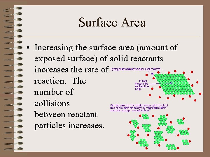 Surface Area • Increasing the surface area (amount of exposed surface) of solid reactants