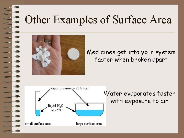 Other Examples of Surface Area Medicines get into your system faster when broken apart