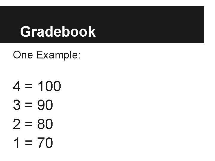 Gradebook One Example: 4 = 100 3 = 90 2 = 80 1 =
