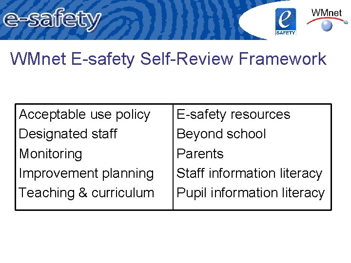 WMnet E-safety Self-Review Framework Acceptable use policy Designated staff Monitoring Improvement planning Teaching &