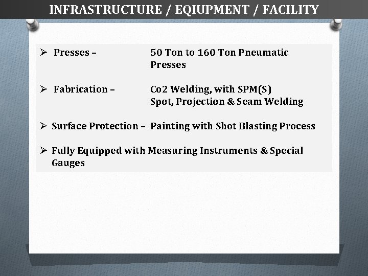 INFRASTRUCTURE / EQIUPMENT / FACILITY Ø Presses – 50 Ton to 160 Ton Pneumatic