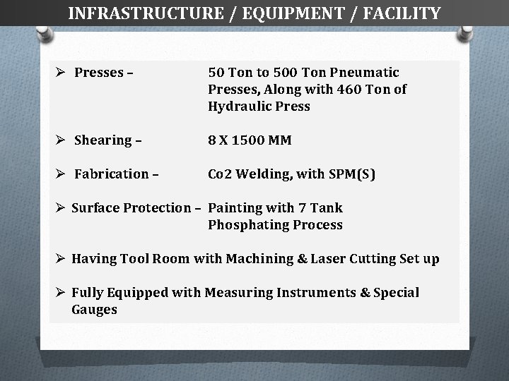 INFRASTRUCTURE / EQUIPMENT / FACILITY Ø Presses – 50 Ton to 500 Ton Pneumatic