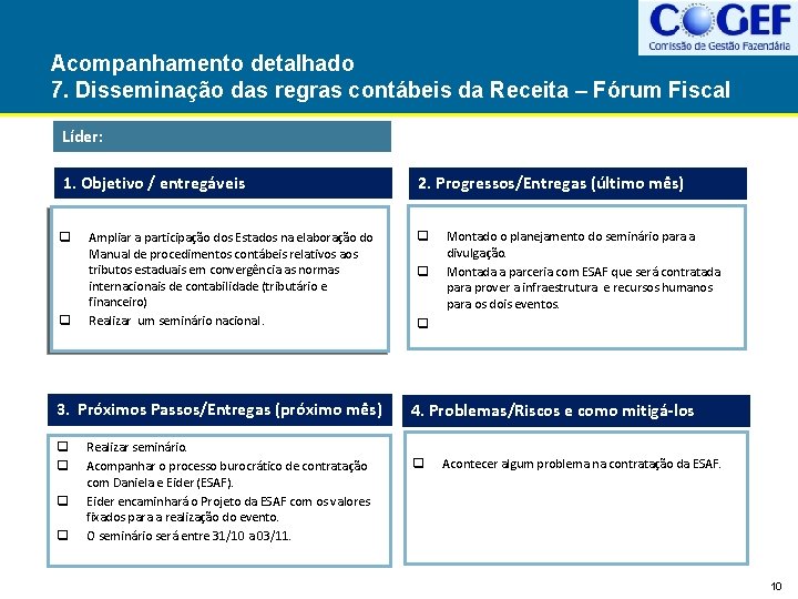 Acompanhamento detalhado 7. Disseminação das regras contábeis da Receita – Fórum Fiscal Líder: 1.