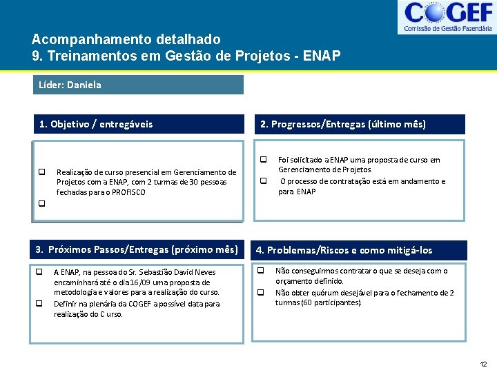 Acompanhamento detalhado 9. Treinamentos em Gestão de Projetos - ENAP Líder: Daniela 1. Objetivo