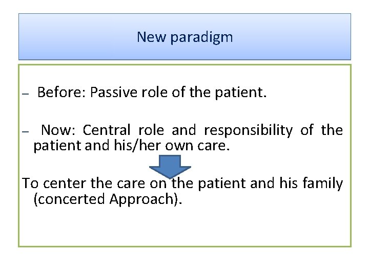 New paradigm – Before: Passive role of the patient. – Now: Central role and