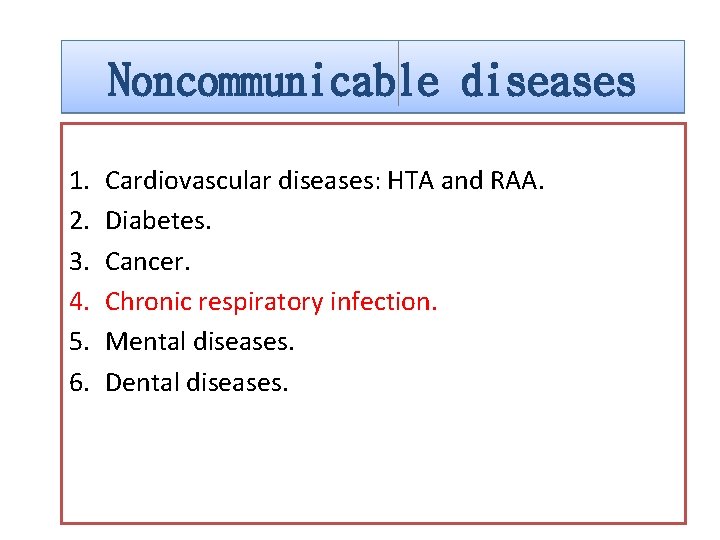 Noncommunicable diseases 1. 2. 3. 4. 5. 6. Cardiovascular diseases: HTA and RAA. Diabetes.