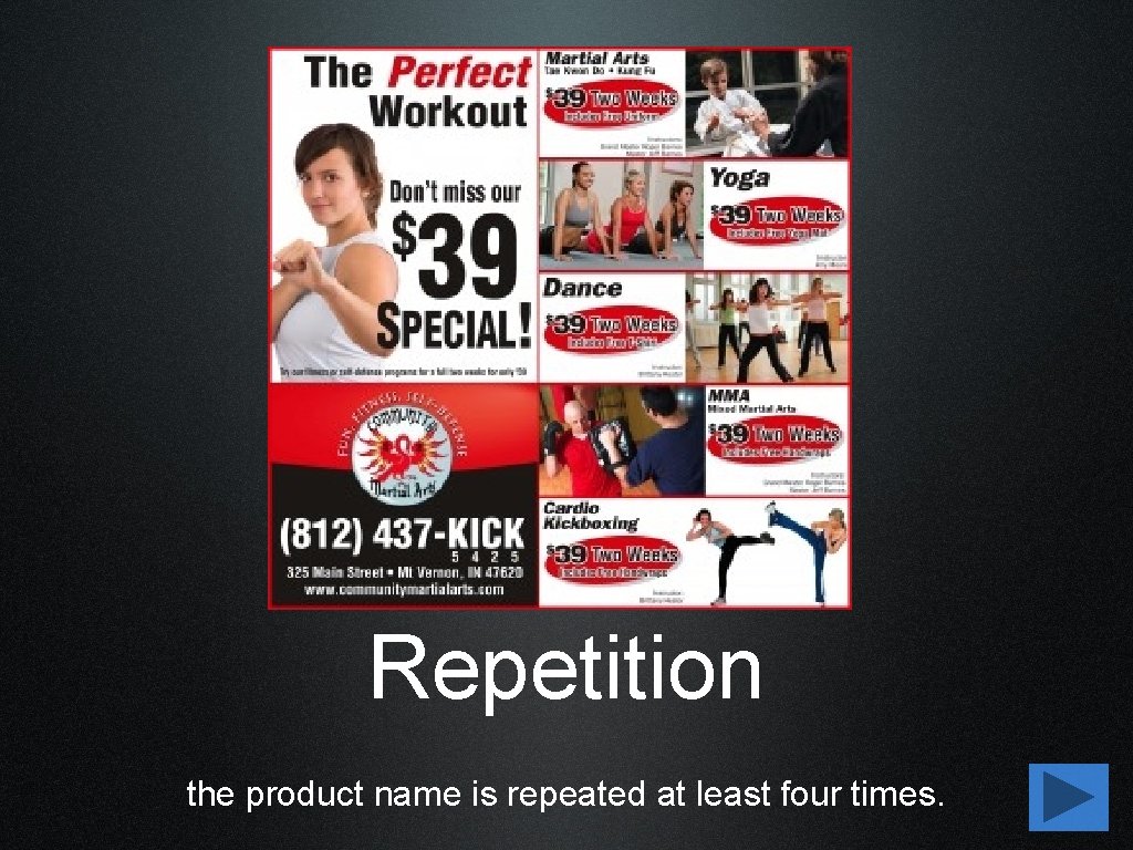 Repetition the product name is repeated at least four times. 