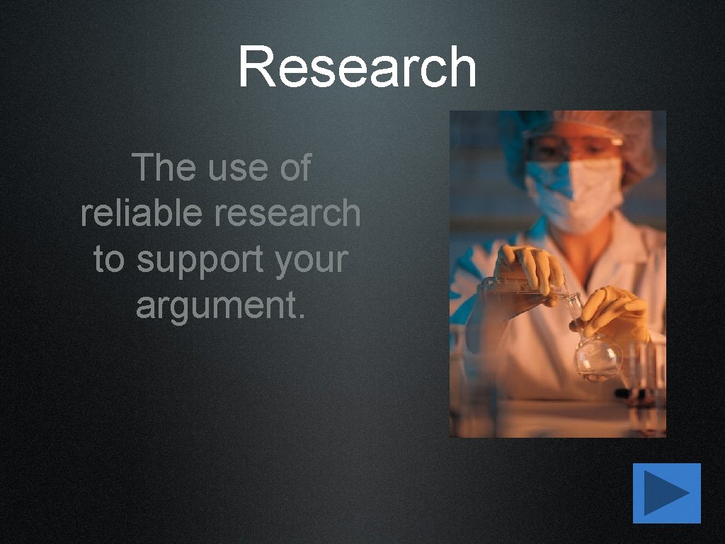 Research The use of reliable research to support your argument. 