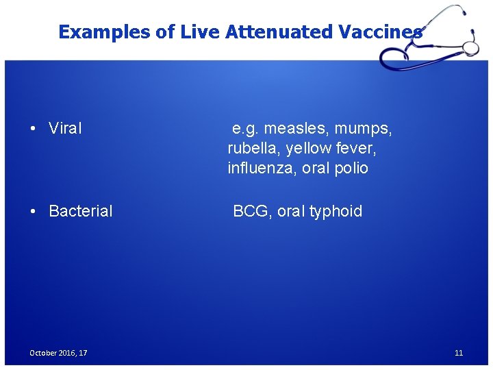 Examples of Live Attenuated Vaccines • Viral • Bacterial October 2016, 17 e. g.