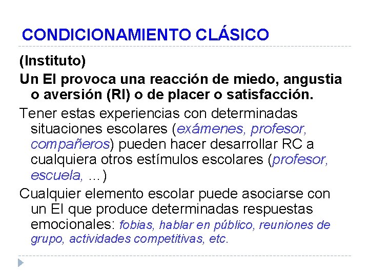 CONDICIONAMIENTO CLÁSICO (Instituto) Un EI provoca una reacción de miedo, angustia o aversión (RI)