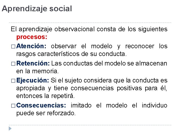 Aprendizaje social El aprendizaje observacional consta de los siguientes procesos: � Atención: observar el