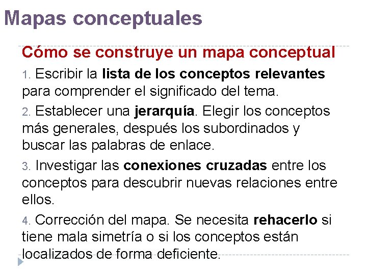 Mapas conceptuales Cómo se construye un mapa conceptual 1. Escribir la lista de los