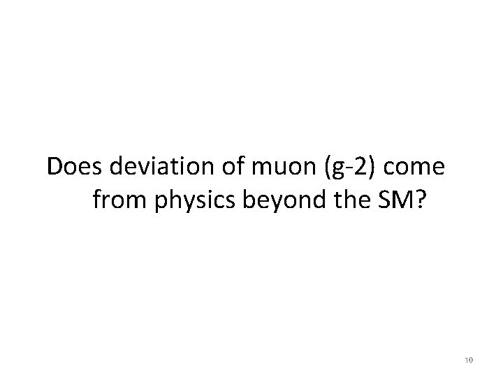 Does deviation of muon (g-2) come from physics beyond the SM? 10 Does deviation of muon (g-2) come from physics beyond the SM? 10