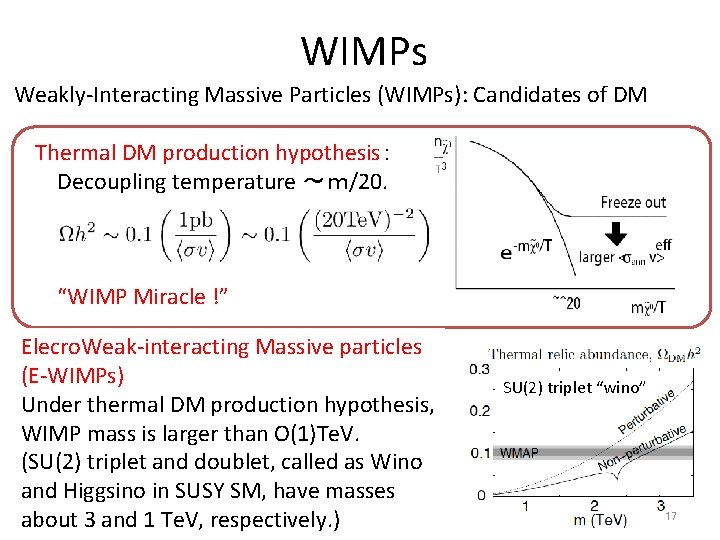 WIMPs Weakly-Interacting Massive Particles (WIMPs): Candidates of DM Thermal DM production hypothesis: Decoupling temperature WIMPs Weakly-Interacting Massive Particles (WIMPs): Candidates of DM Thermal DM production hypothesis: Decoupling temperature