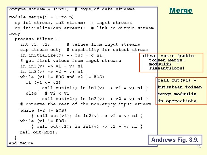 Merge sitoo out: n jonkin toisen Mergemoduulin sisääntuloon! call out(vi) = kutsutaan toisen Merge-moduulin