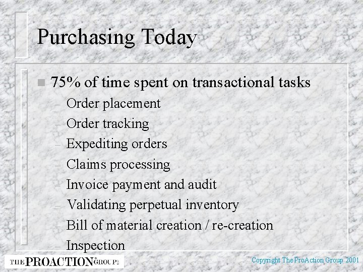 Purchasing Today n 75% of time spent on transactional tasks – – – –