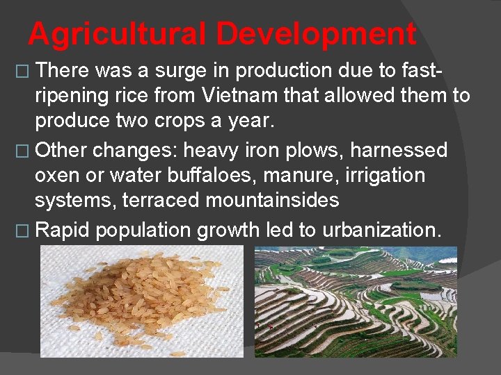 Agricultural Development � There was a surge in production due to fastripening rice from
