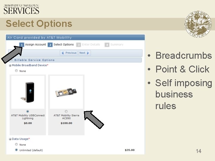 Select Options • Breadcrumbs • Point & Click • Self imposing business rules 14