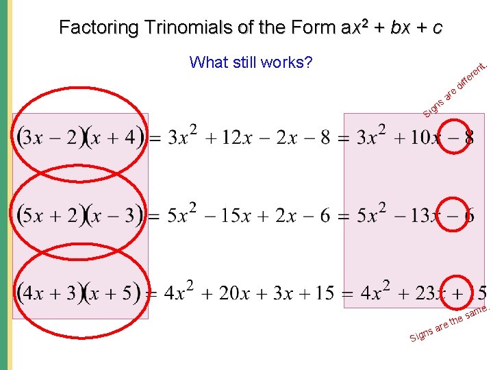 Factoring Trinomials of the Form ax 2 + bx + c What still works?