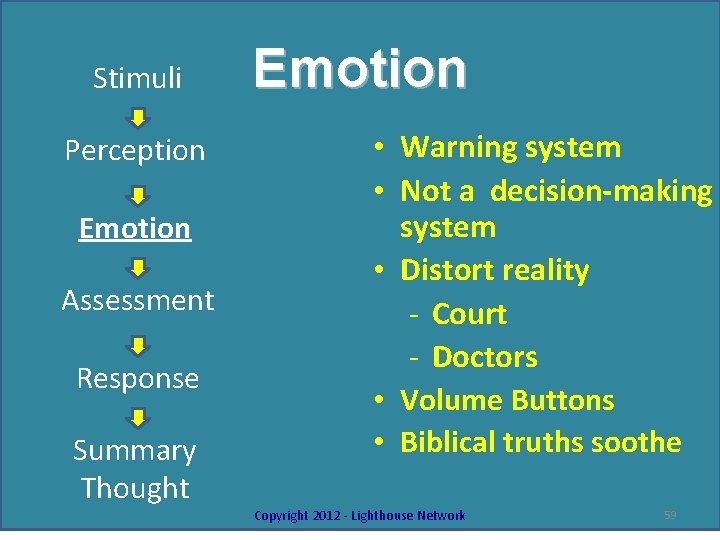 Stimuli Perception Emotion Assessment Response Summary Thought Emotion • Warning system • Not a