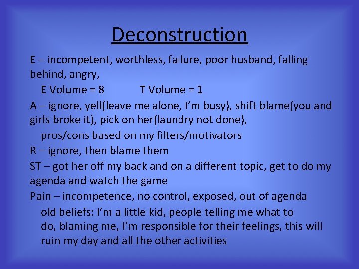 Deconstruction E – incompetent, worthless, failure, poor husband, falling behind, angry, E Volume =