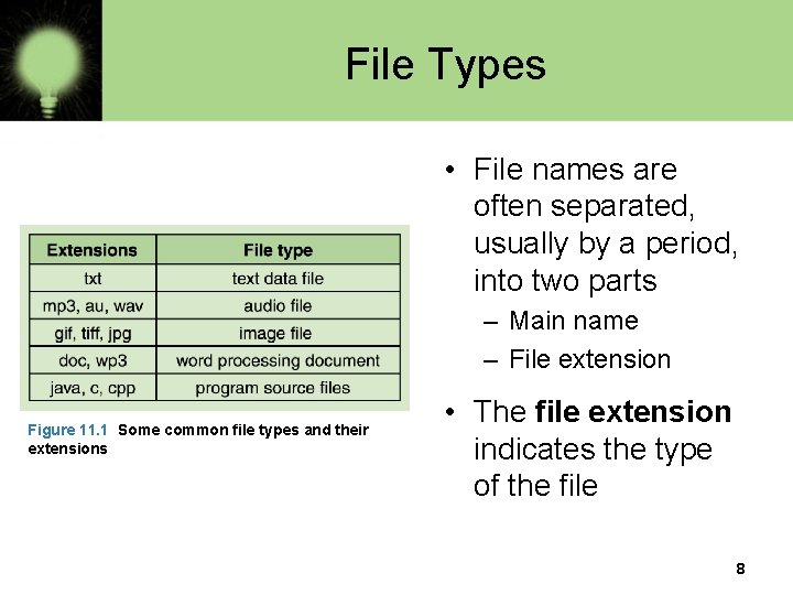 File Types • File names are often separated, usually by a period, into two